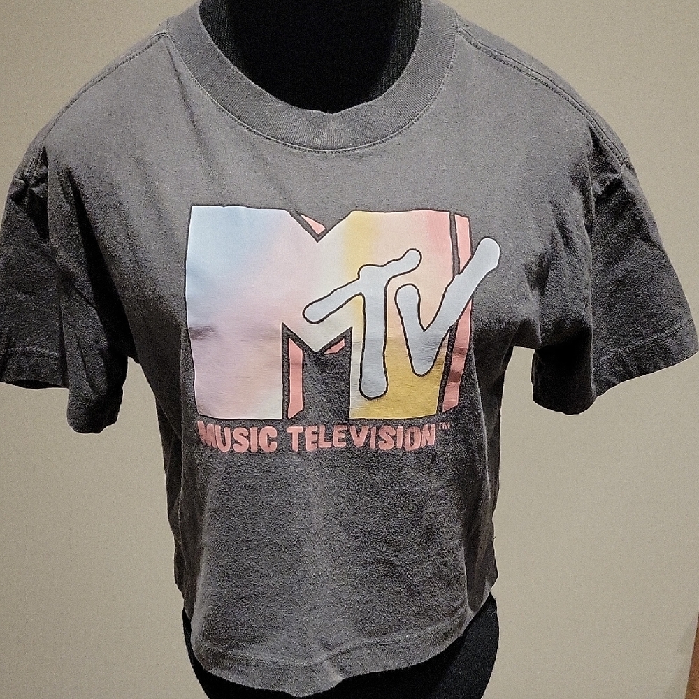 MTV Charcoal Crop Tee with Pastel Logo